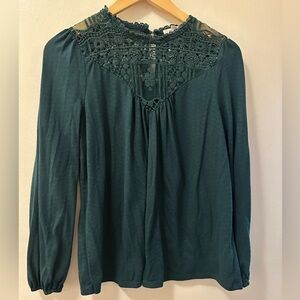Emerald/ forest green long sleeve blouse with lace appliqué
